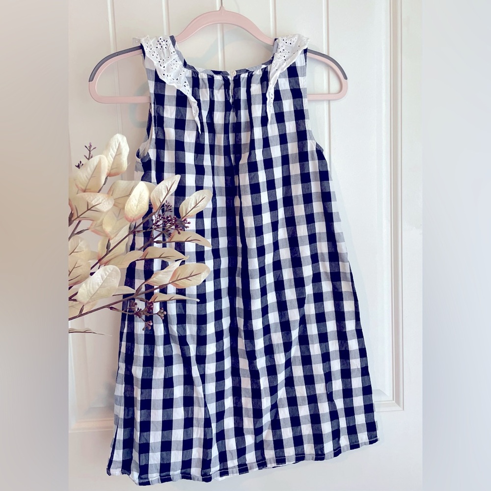 Crown & Ivy Navy Blue/White Eyelet Lace Plaid Check Cotton Dress Sz 16 in EUC